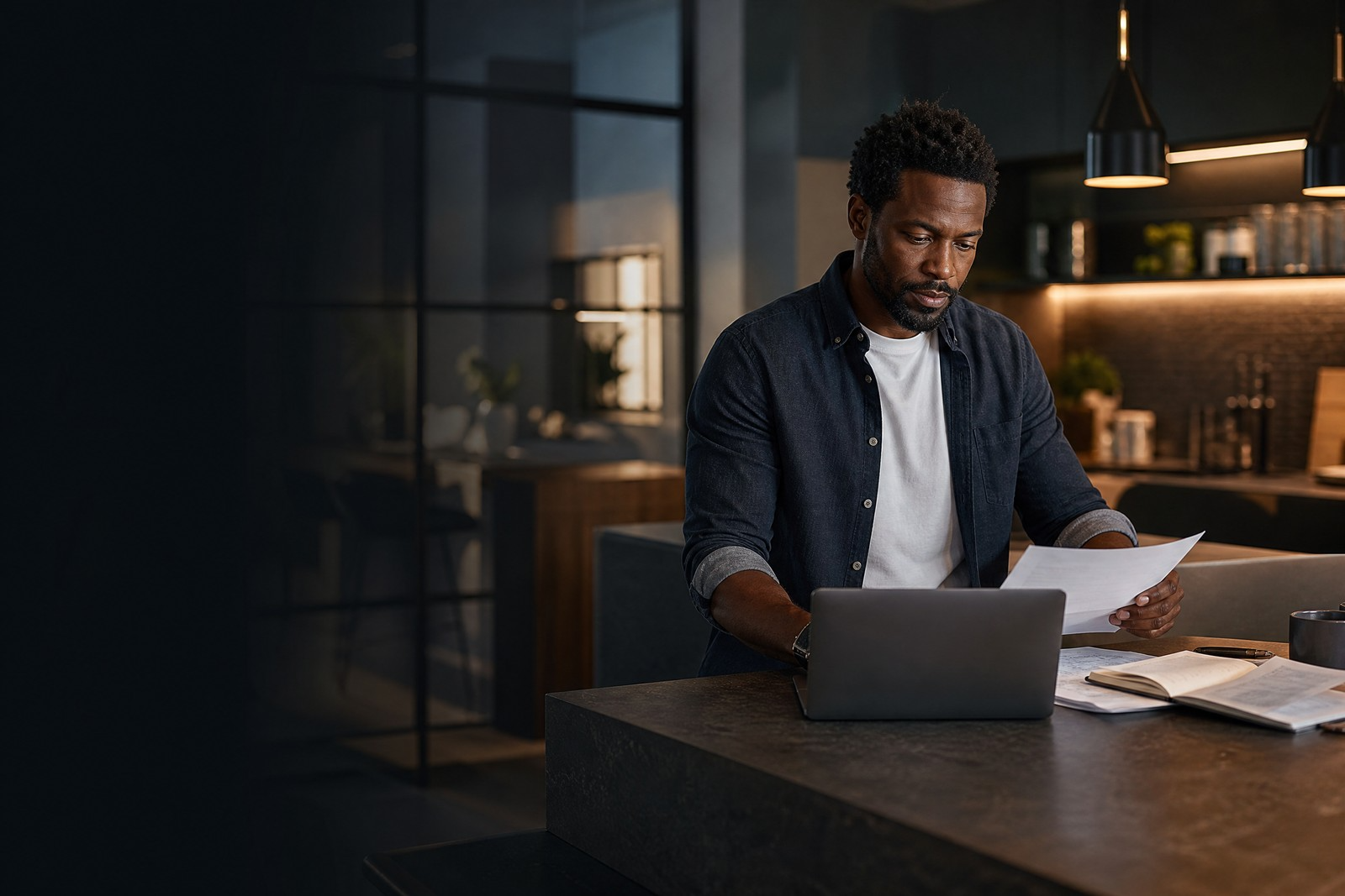 Contractor reviewing mortgage documents at home