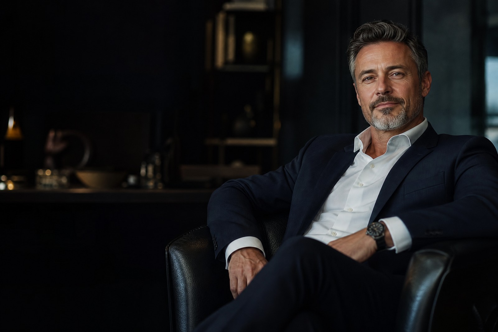 Director relaxing on a leather chair