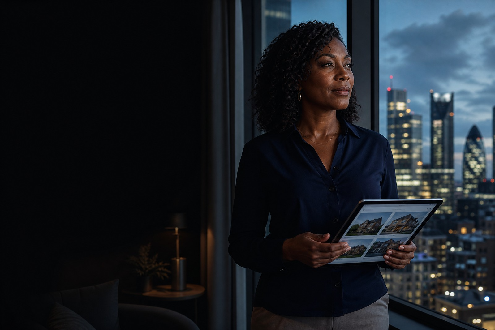 Black female contractor with city skyline at dusk