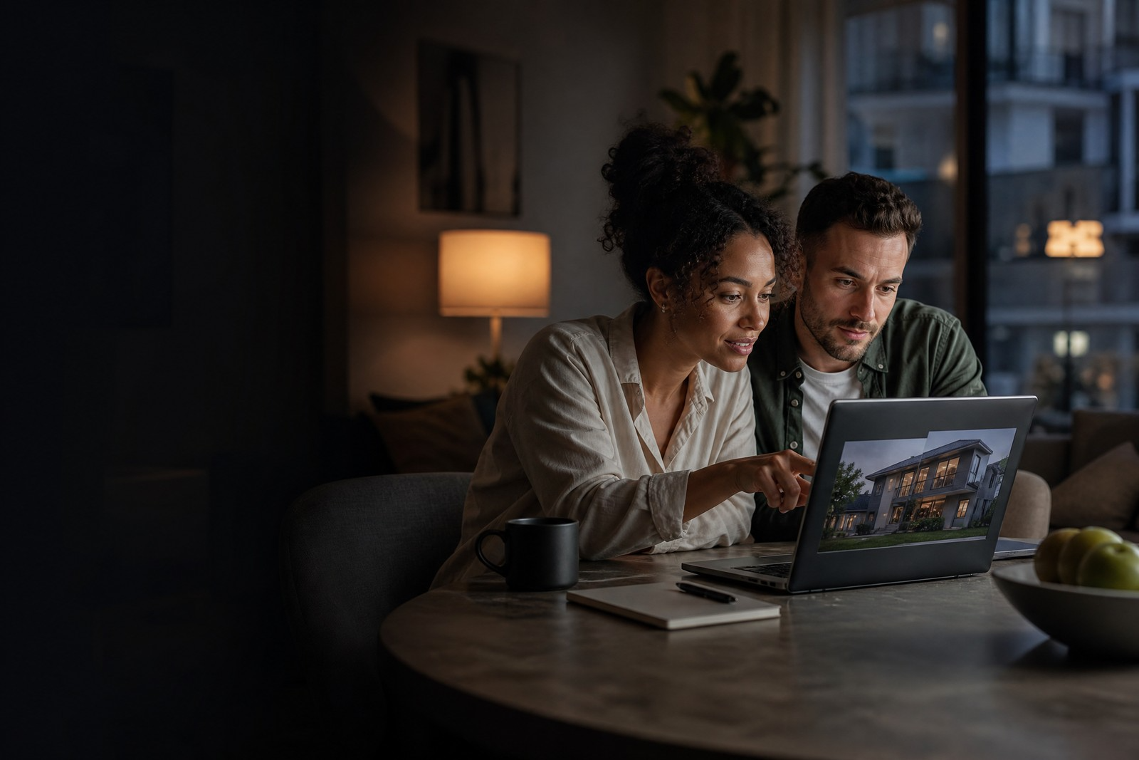 Mixed-race couple browsing property listings