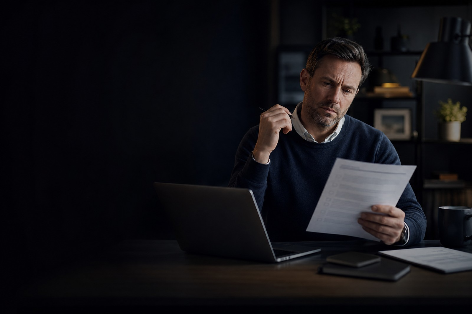 White male contractor with checklist and laptop