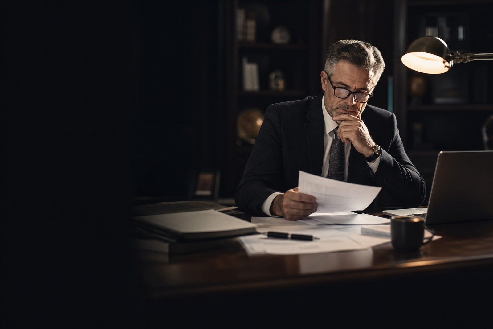 Senior financial professional with documents under lamp