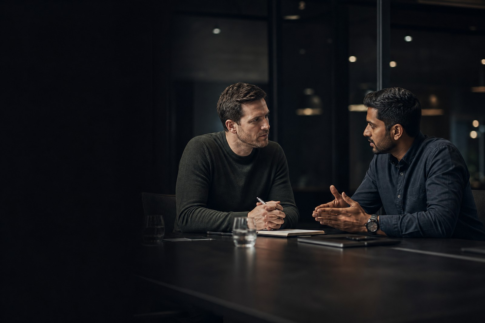 Two contractors in boardroom discussion