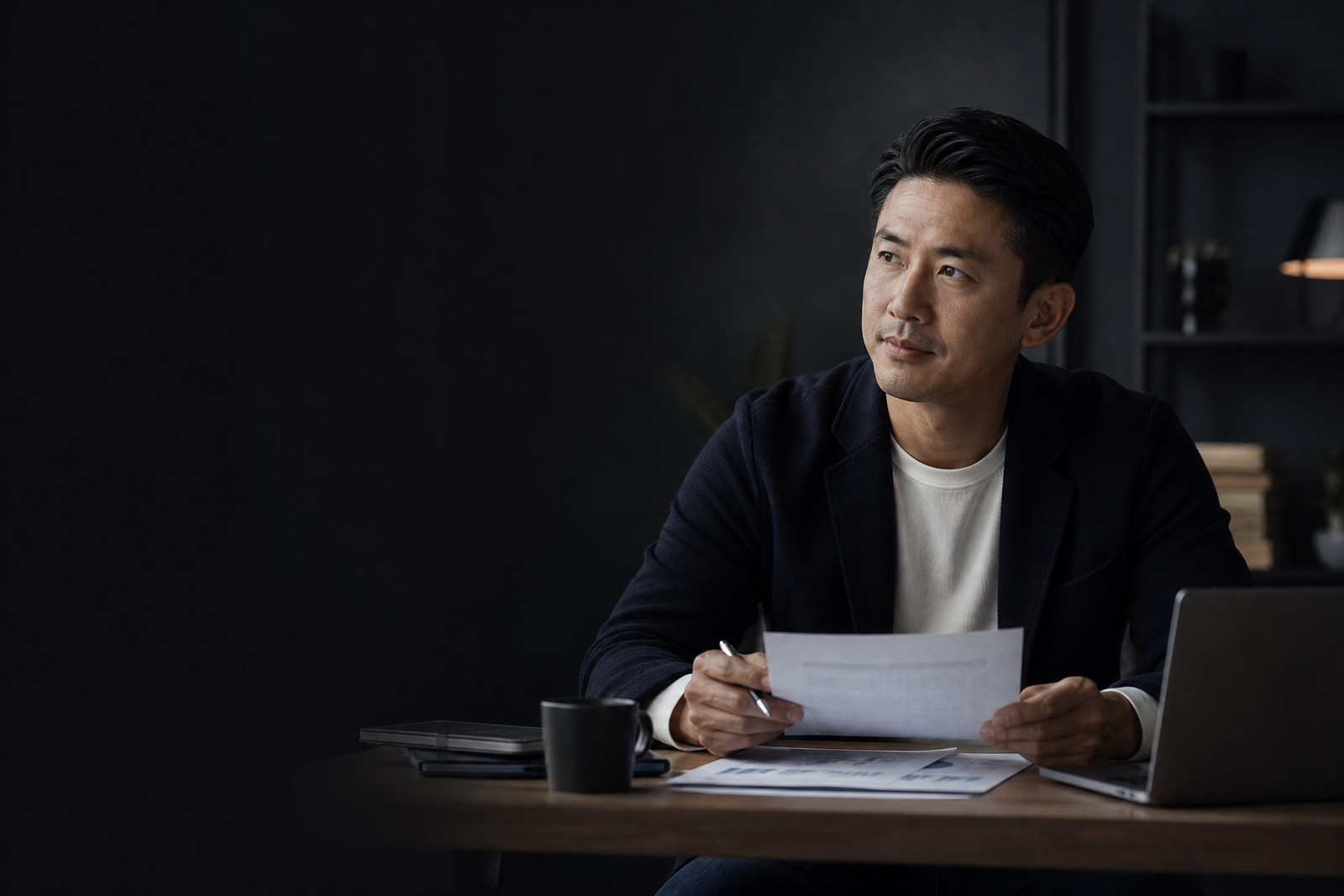 East Asian male reviewing financial documents