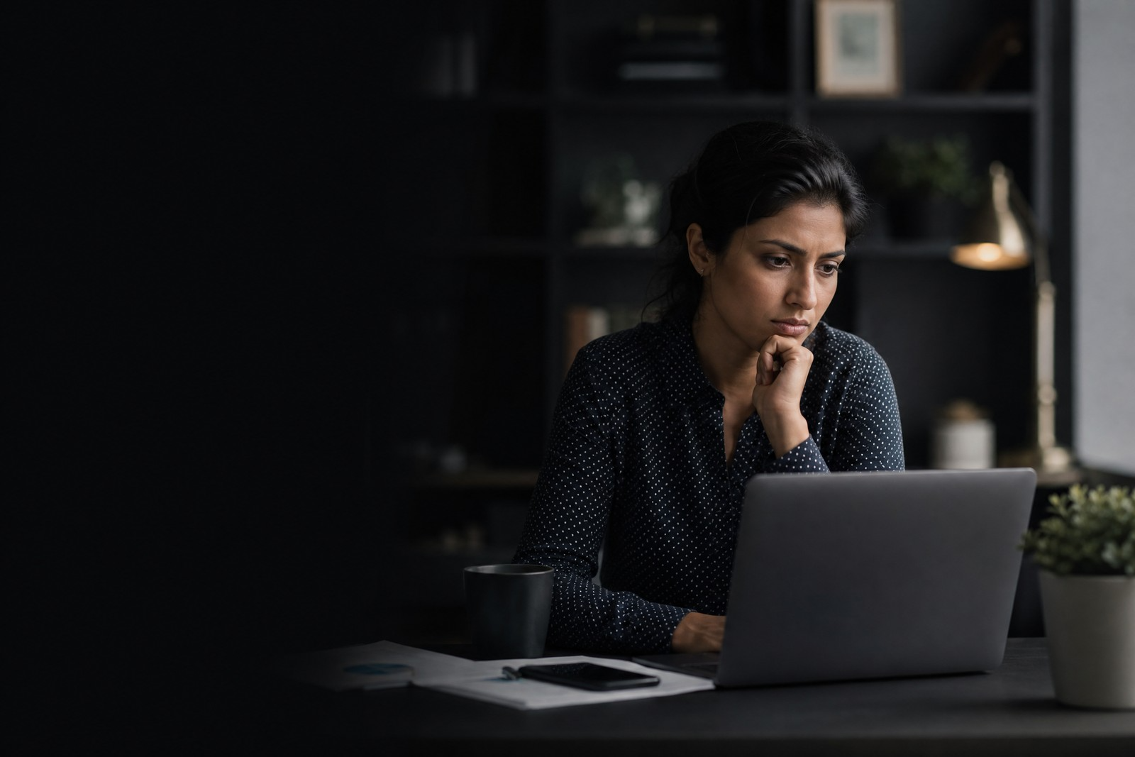 South Asian female with concerned expression at laptop