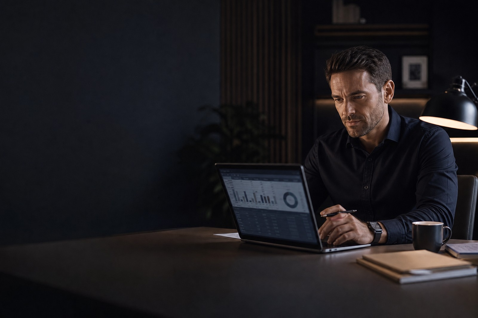 Male business owner reviewing financial charts on laptop