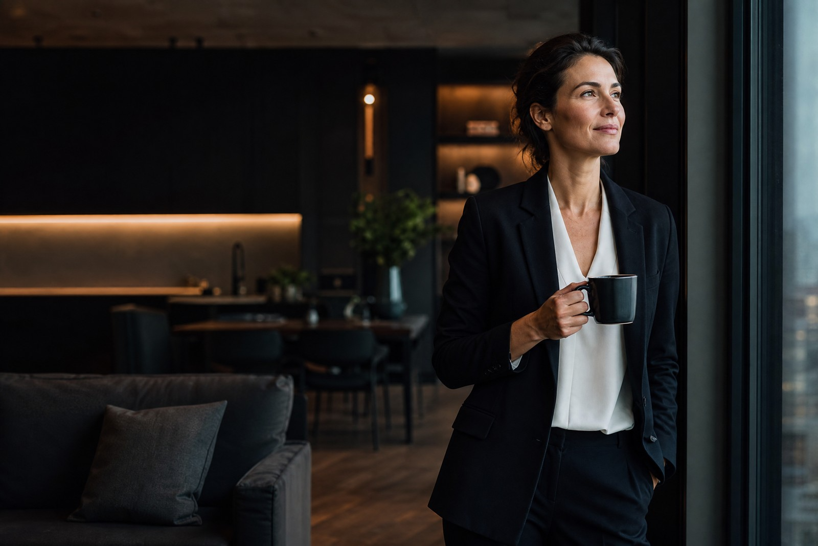 Female professional looking out of window at home