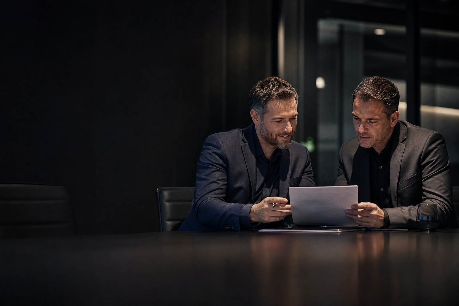 Two male business partners reviewing a document