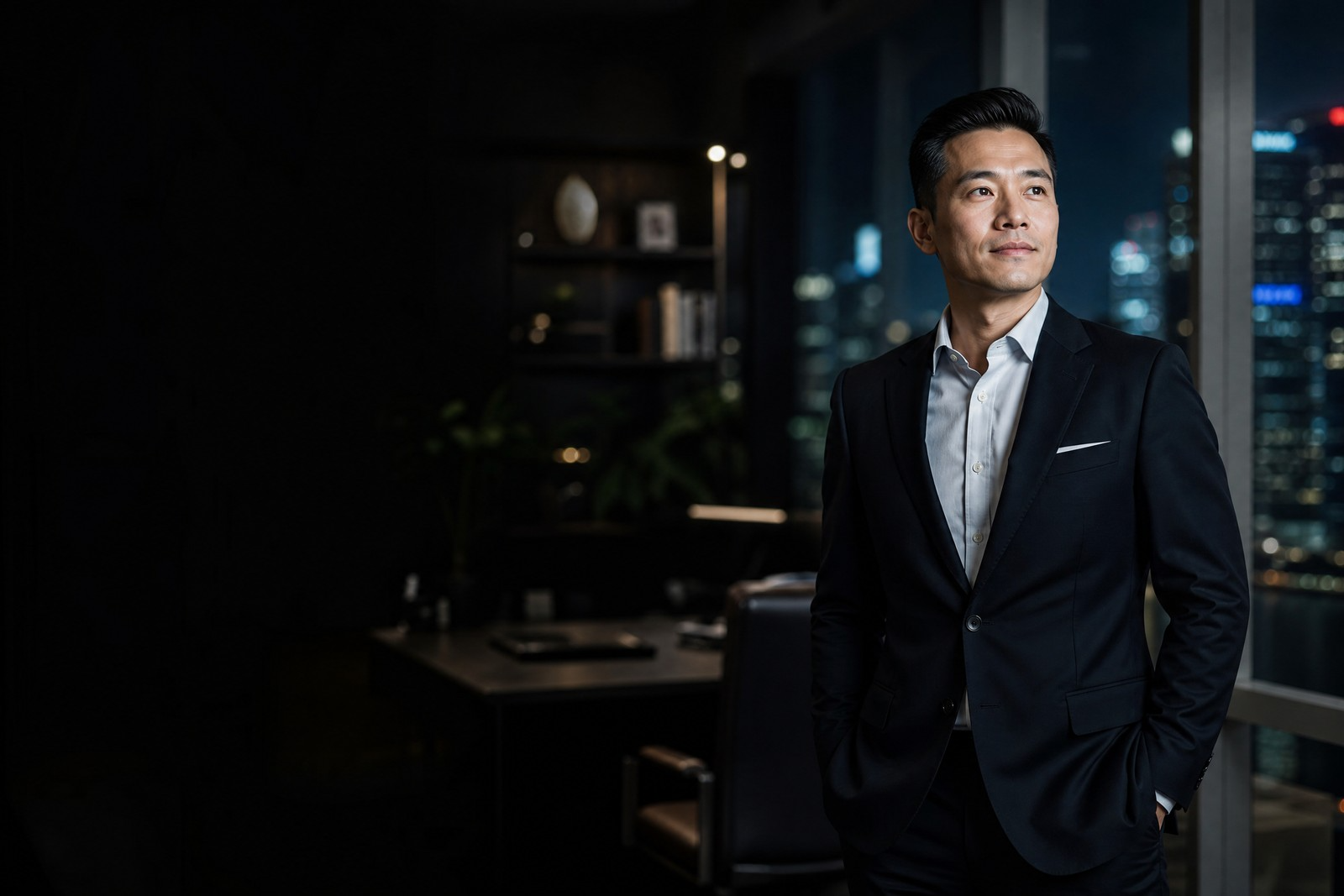 Asian male director, city lights at night
