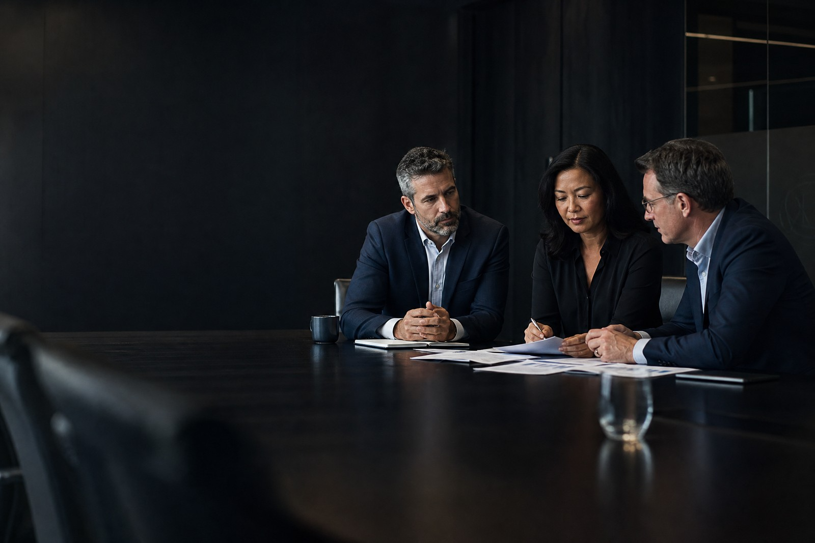 Mixed group of three around boardroom table
